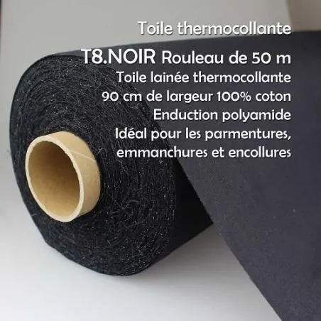 Rouleau tissus noir 50 m tissé thermocollant 90 cm 100% coton