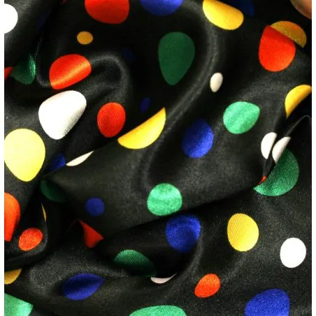 Satin polyester pois multicolores sur fond noir